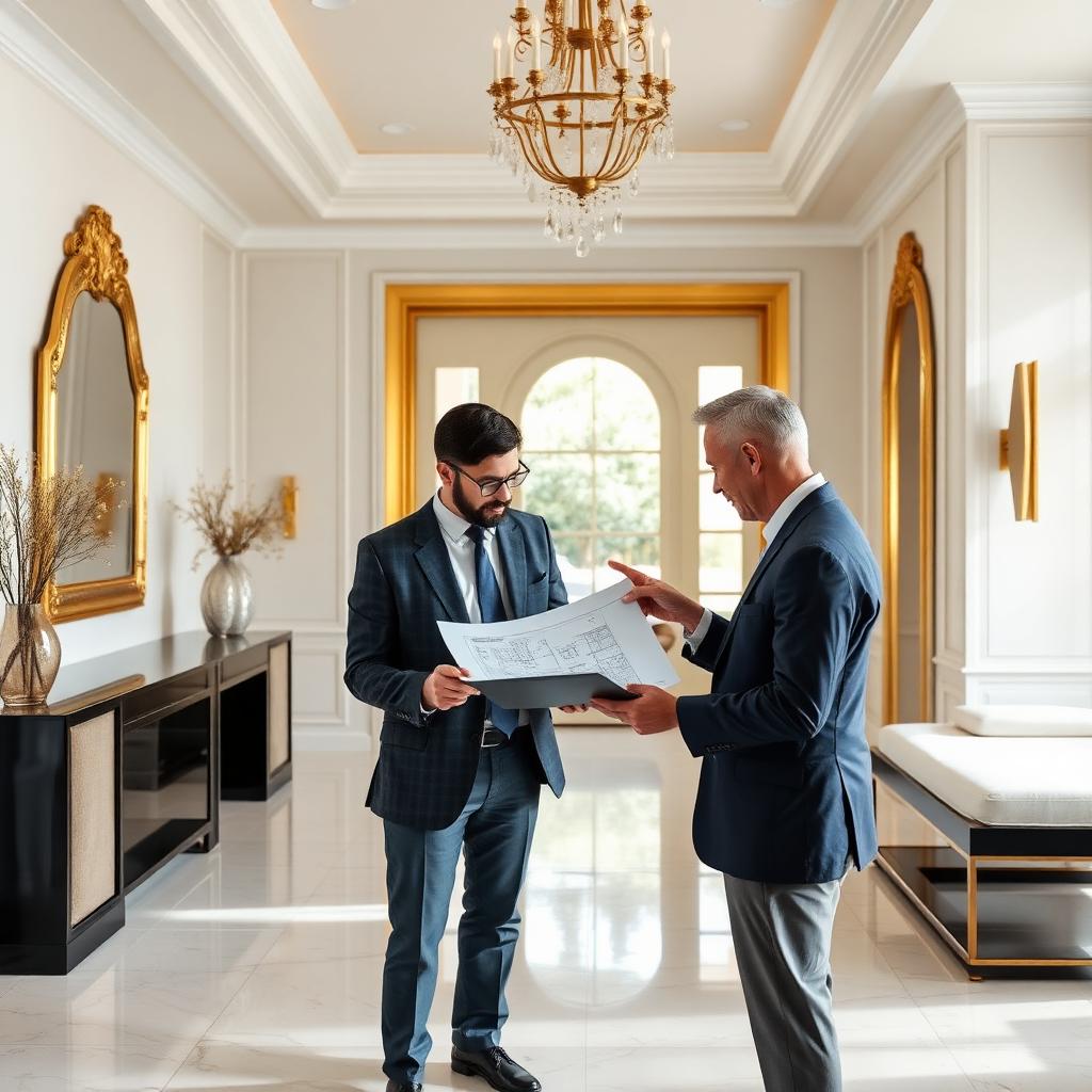 Consultant reviewing smart home plans with a villa owner