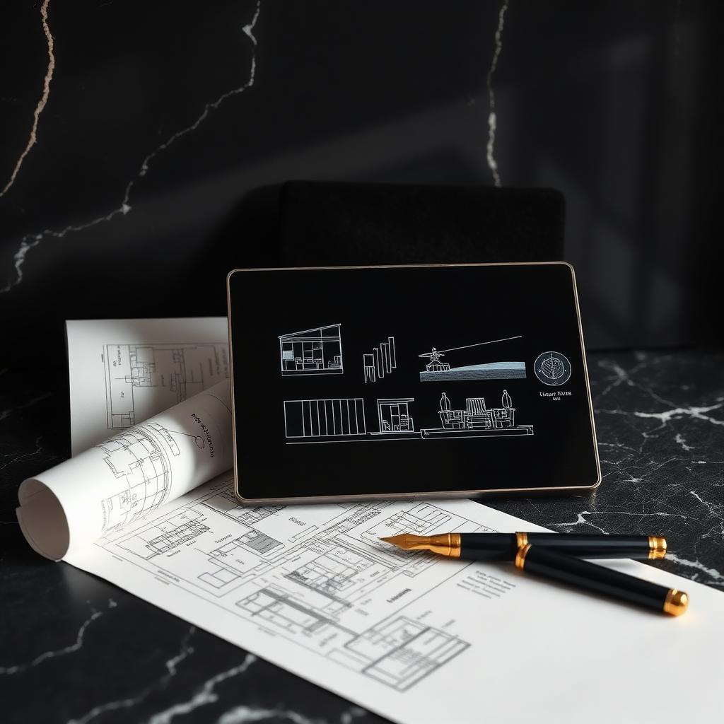 Luxury smart home touch panel beside architectural drawings
