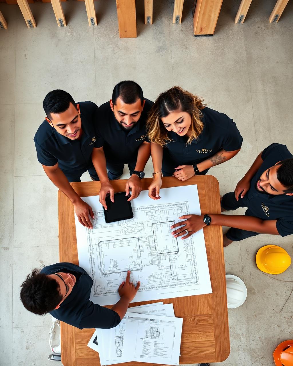 Team meeting on site reviewing drawings
