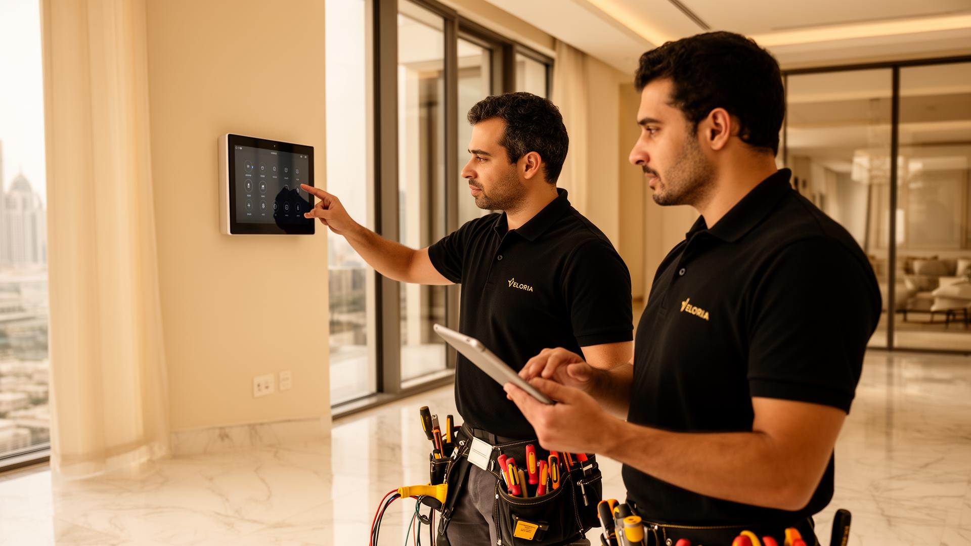VELORIA technicians configuring a smart home control panel in a Dubai luxury villa