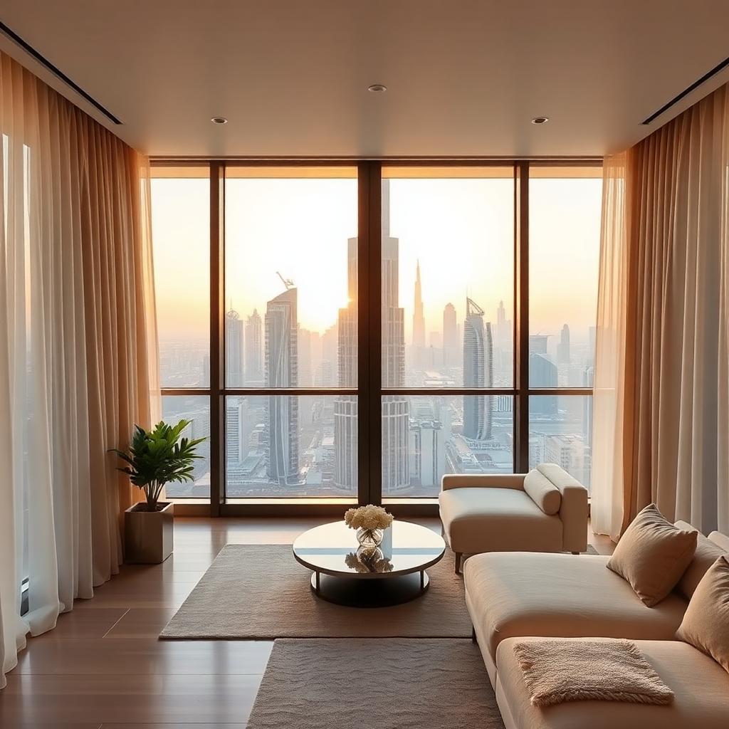 Motorized curtains opening onto the Dubai skyline at dawn
