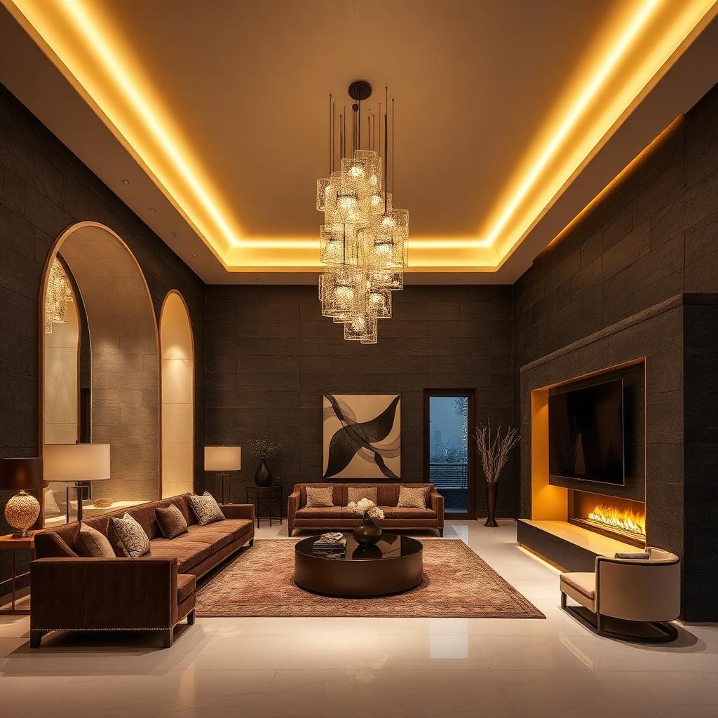 Layered smart lighting design in a luxury living room